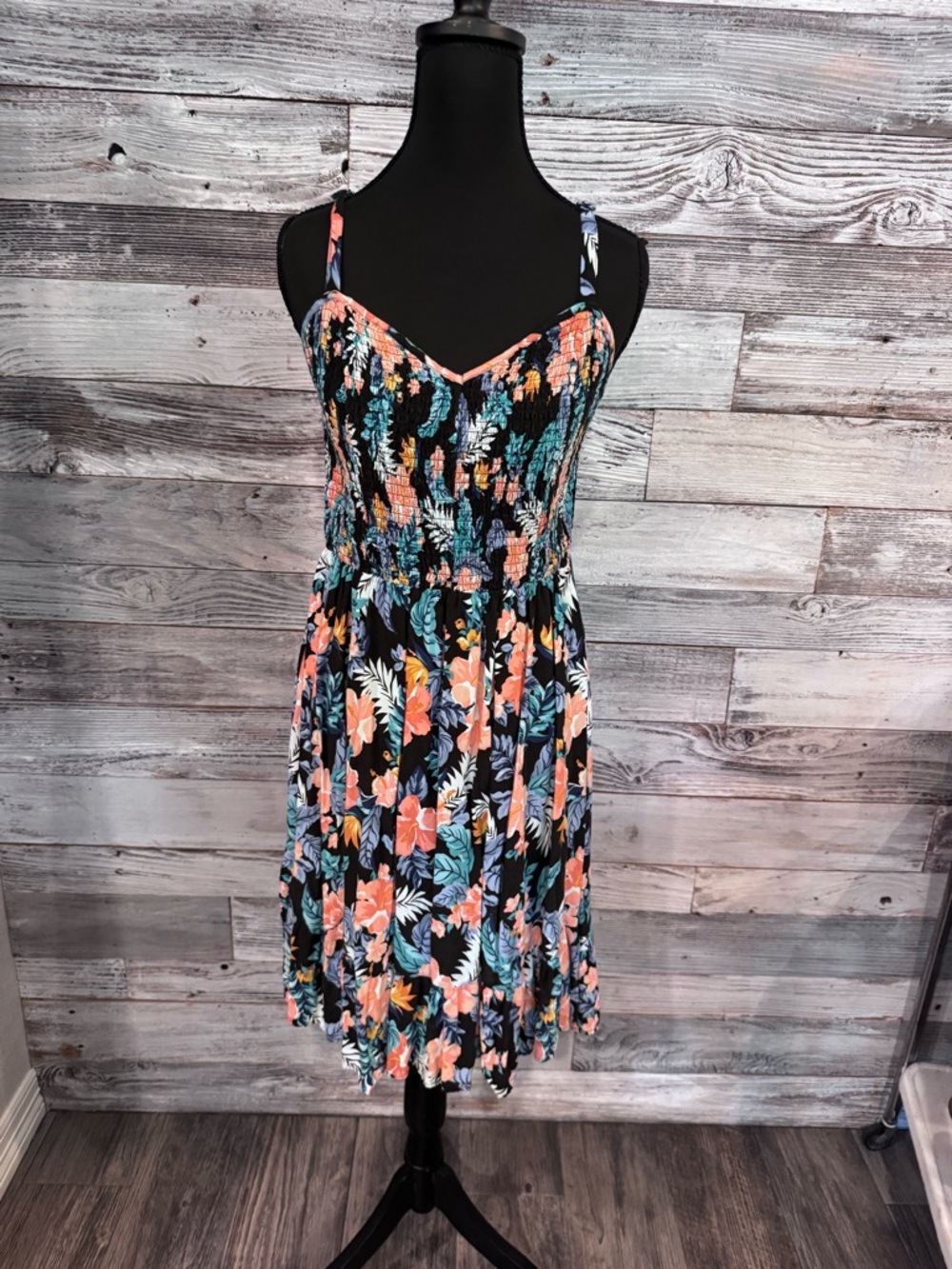 torrid Black Floral Smocked Mini Dress with Adjustable Straps with Coral & Teal